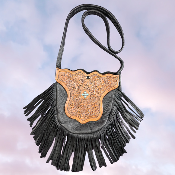 Handmade Handbags - Handmade Black Leather Brown Tooled Turquoise Gem Boho Western Cowgirl Bag